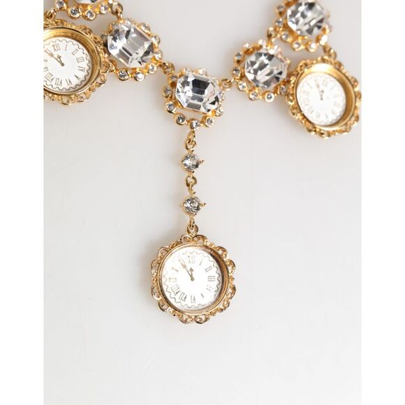Dolce & Gabbana Gold Crystal Clock Pendant Statement Jewelry Women's Necklace